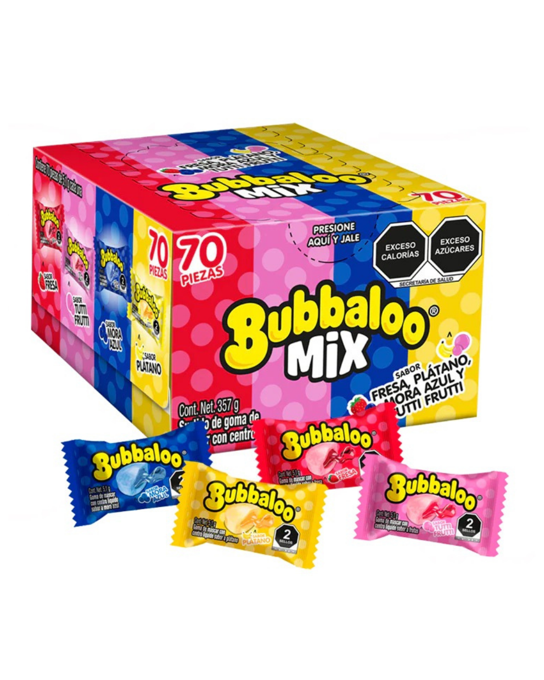 Bubbaloo Mix 70uds. Sabores Fresa, Platano, Mora Azul y Tutti Frutti